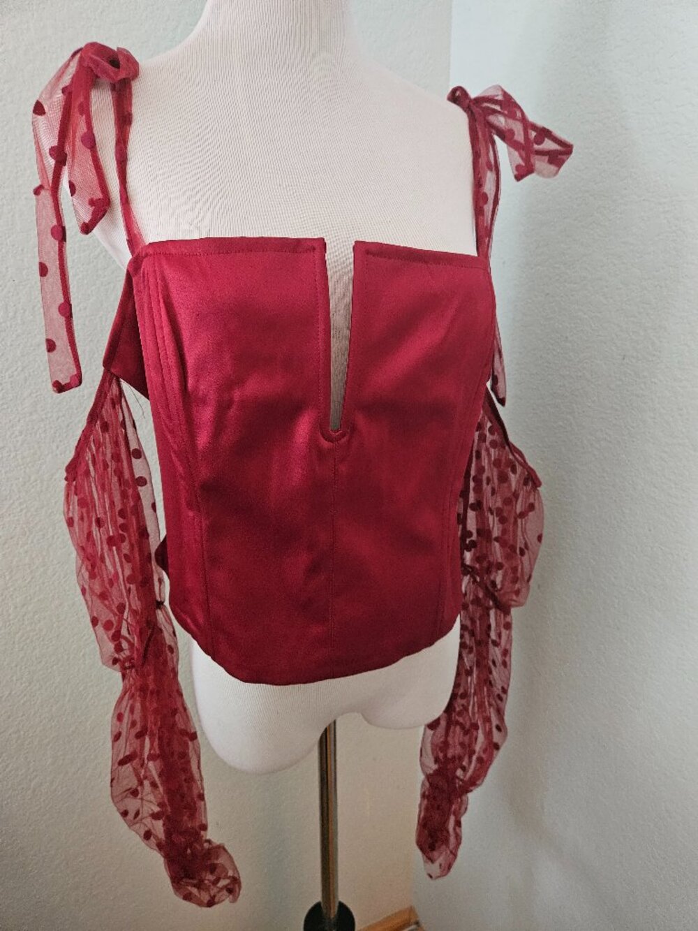 Red Lace Corset Top With Sheer Sleeves